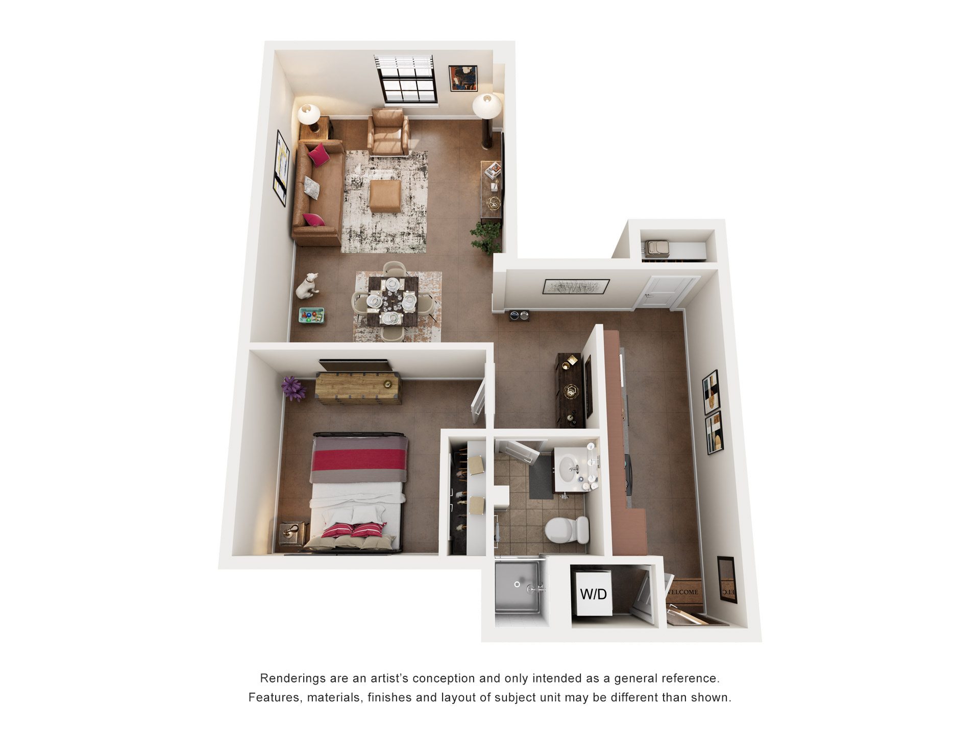 Floor plan for 1 bed, 1 bath, 703 sqft